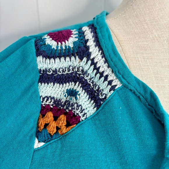 Sundance Henley Sweater Top Teal Blue Crochet Cuffs Boho Women’s Size Medium - Picture 5 of 8